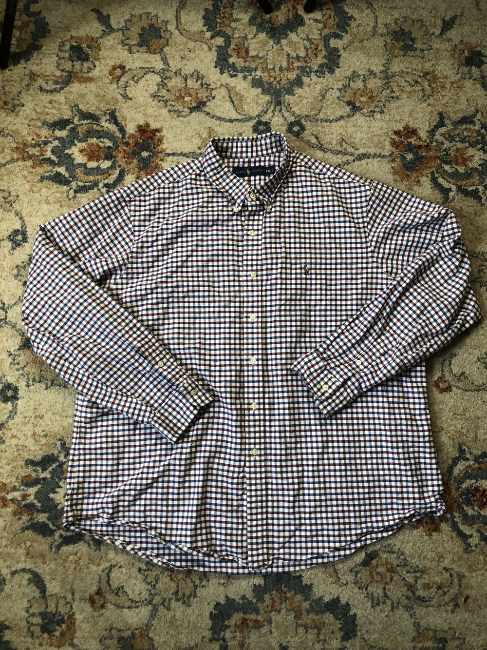Ralph Lauren Shirt Mens 2XL Blue Maroon White Check Button Down Long Sleeve Polo